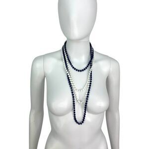 Set of 2 Blue White Square Plastic Beaded Long Necklaces